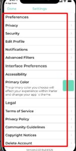 Parler app settings and privacy menu