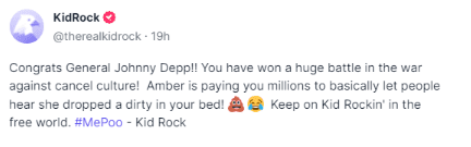 Kid Rock's congratulatory post for Johnny Depp on Truth Social