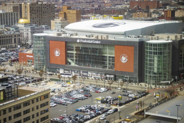 View of Prudential Center arena in downtown Newark