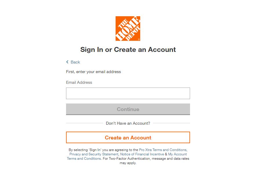 Click on Create an account option for Home Depot Military Discount