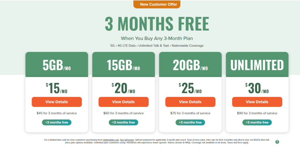 Mint Mobile 4G and 5G Phone Plans