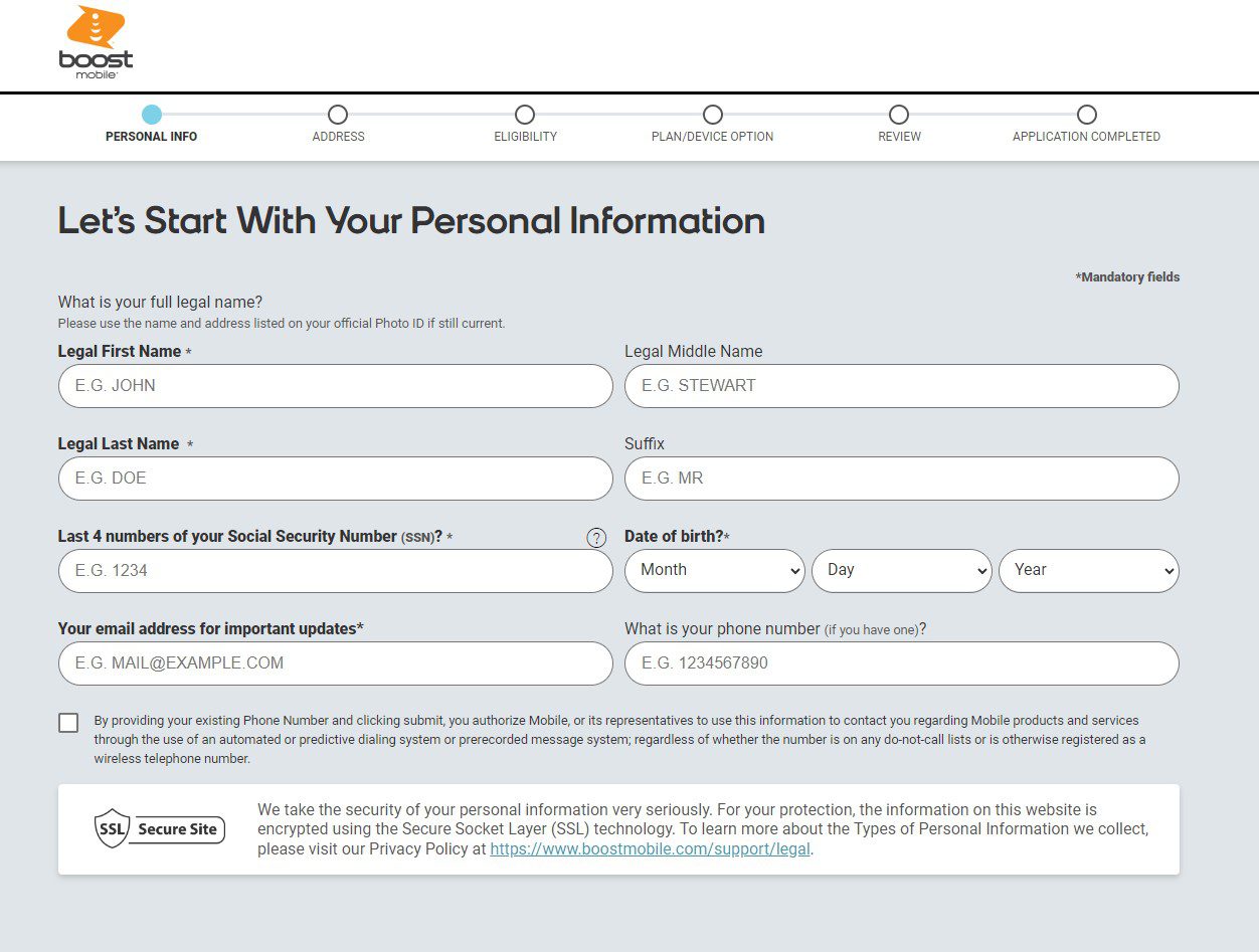 Boost Mobile Application Form