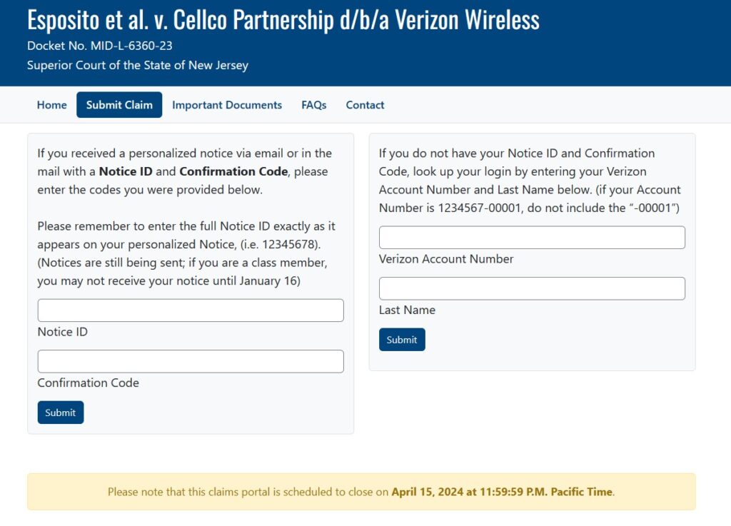VERIZON CLAIM PAGE